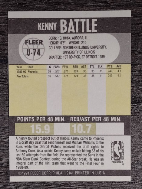 1990-91 Fleer Update #U74 Kenny Battle RC