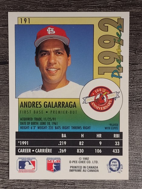 1992 O-Pee-Chee Premier #191 Andres Galarraga