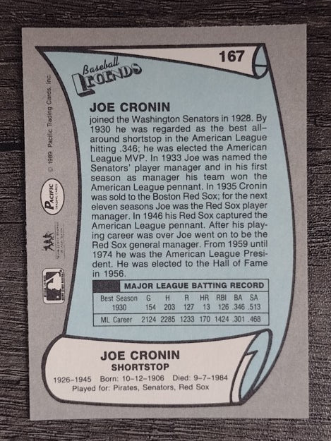 1989 Pacific Legends II #167 Joe Cronin