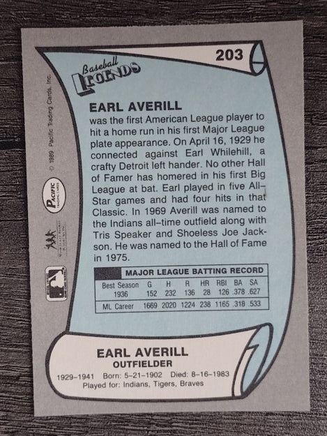 1989 Pacific Legends II #203 Earl Averill