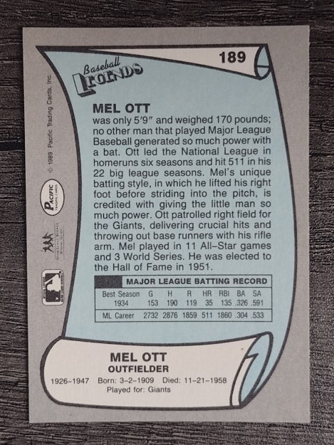 1989 Pacific Legends II #189 Mel Ott