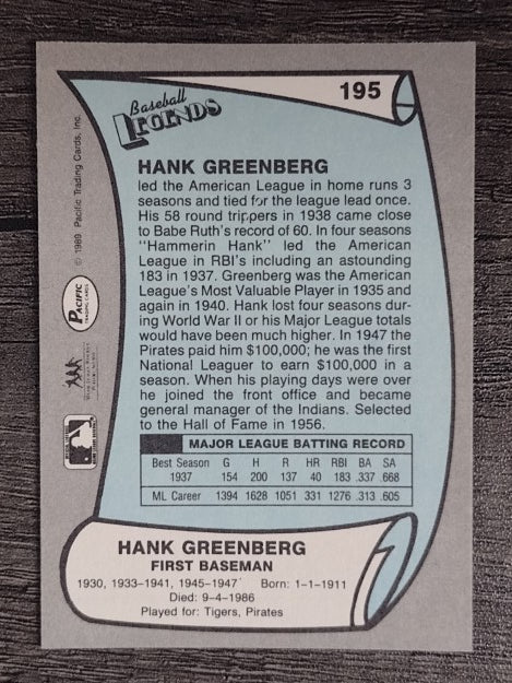 1989 Pacific Legends II #195 Hank Greenberg
