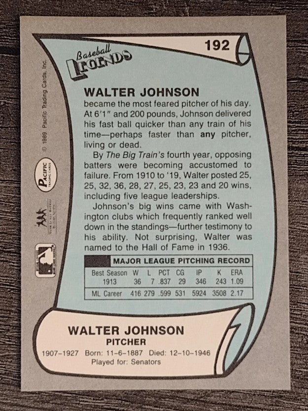 1989 Pacific Legends II #192 Walter Johnson