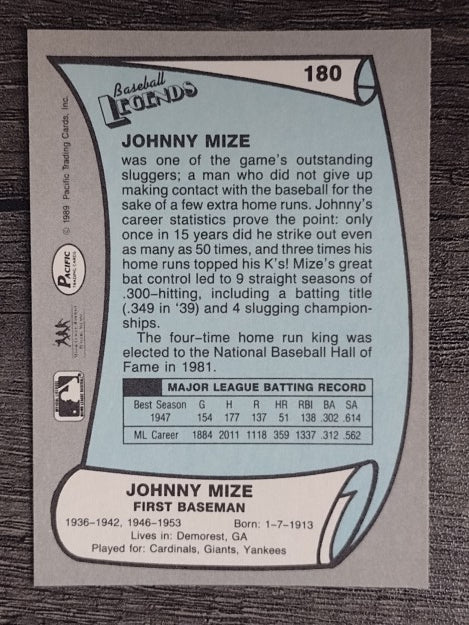 1989 Pacific Legends II #180 Johnny Mize