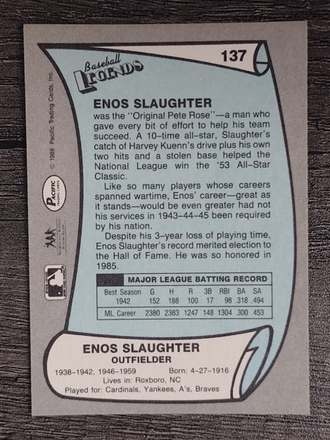 1989 Pacific Legends II #137 Enos Slaughter
