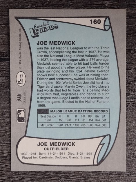 1989 Pacific Legends II #160 Joe Medwick