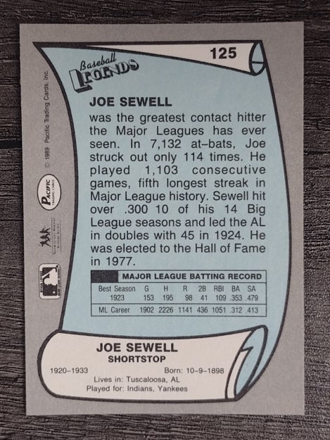 1989 Pacific Legends II #125 Joe Sewell