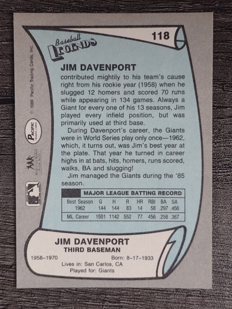 1989 Pacific Legends II #118 Jim Davenport