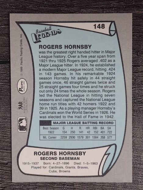 1989 Pacific Legends II #148 Rogers Hornsby