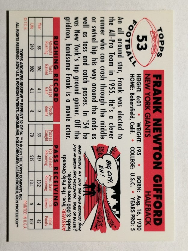 2001 Topps Archives Reserve #32 Frank Gifford 56