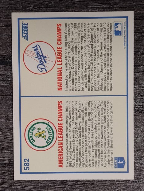 1989 Score #582 Orel Hershiser/Jose Canseco/Kirk Gibson/Dave Stewart WS