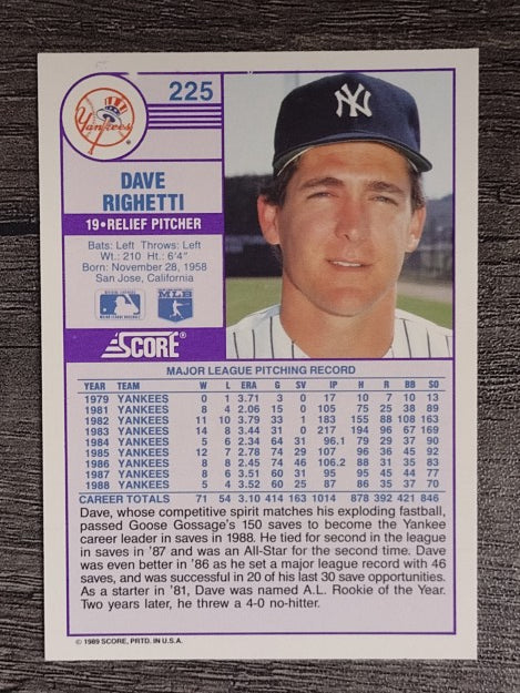 1989 Score #225 Dave Righetti