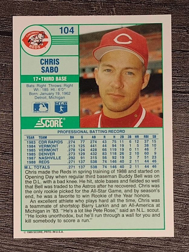 1989 Score #104 Chris Sabo RC