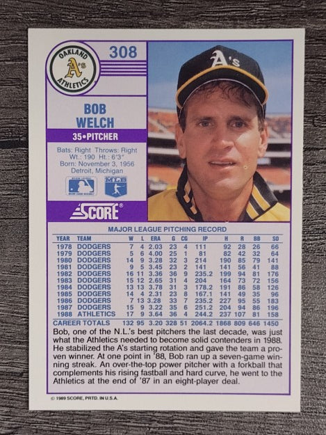 1989 Score #308 Bob Welch