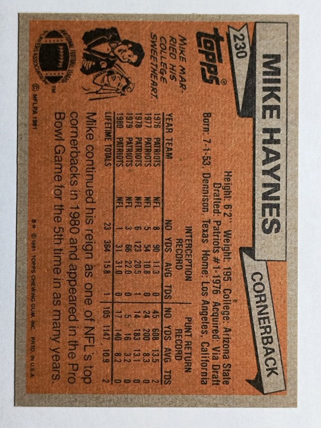 1981 Topps #230 Mike Haynes