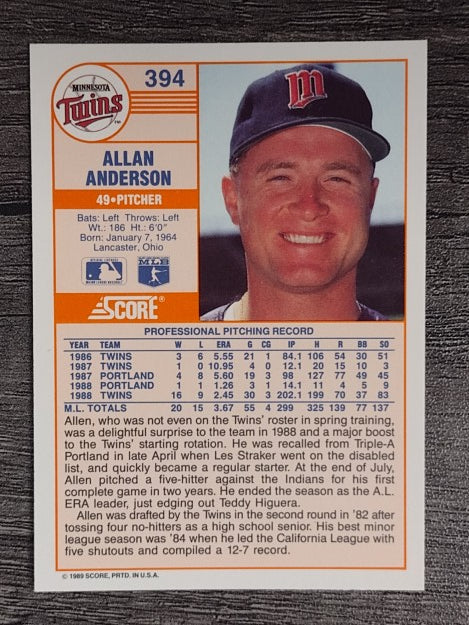 1989 Score #394 Allan Anderson