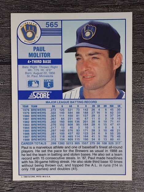 1989 Score #565 Paul Molitor