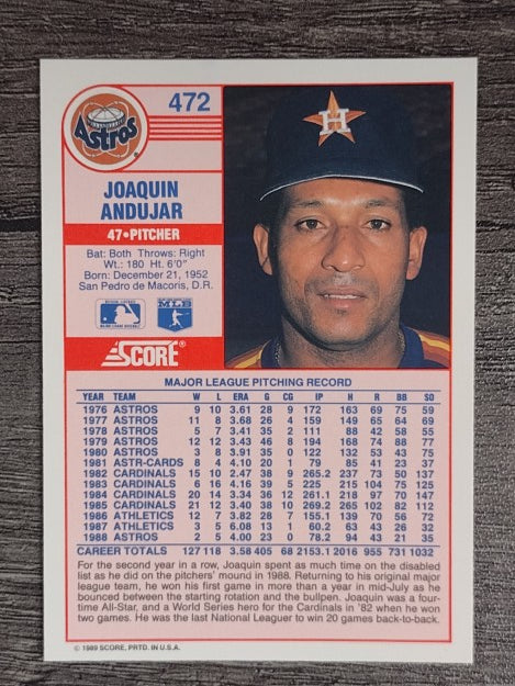 1989 Score #472 Joaquin Andujar