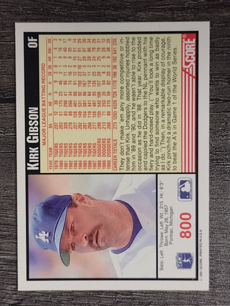 1991 Score #800 Kirk Gibson