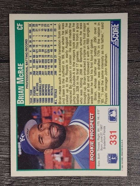 1991 Score #331 Brian McRae RC