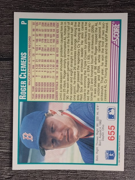 1991 Score #655 Roger Clemens