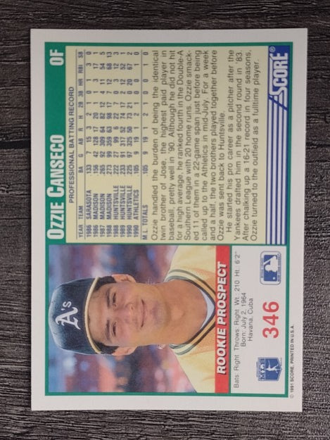 1991 Score #346 Ozzie Canseco