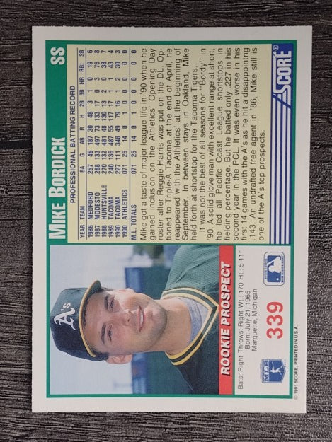 1991 Score #339 Mike Bordick RC