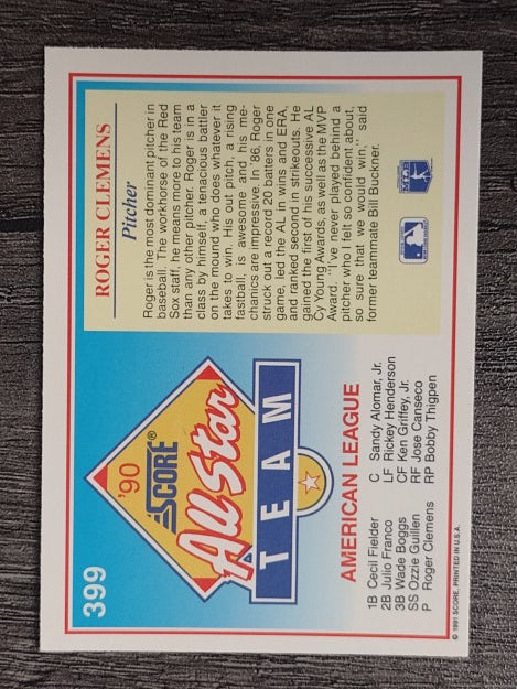 1991 Score #399 Roger Clemens AS