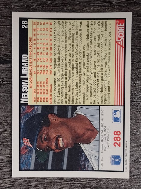 1991 Score #288 Nelson Liriano