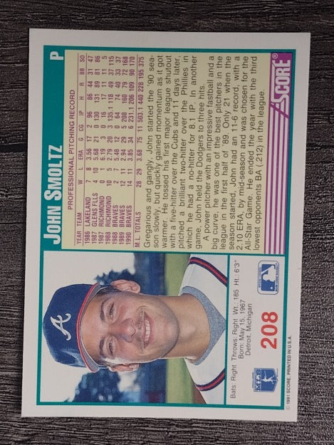 1991 Score #208 John Smoltz