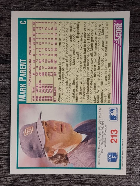 1991 Score #213 Mark Parent