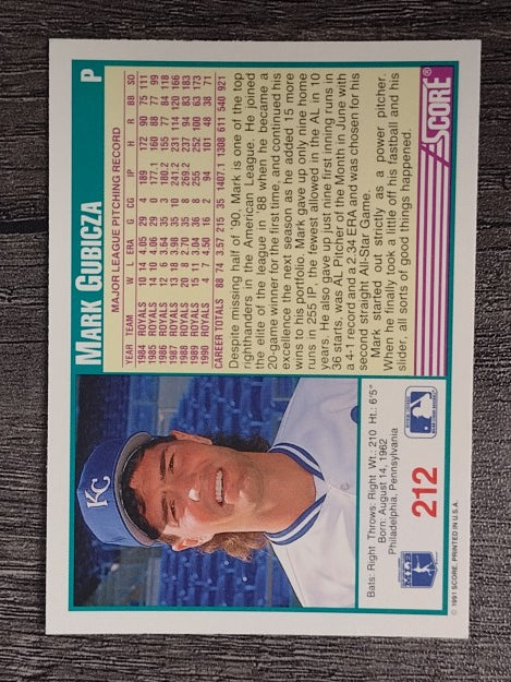 1991 Score #212 Mark Gubicza