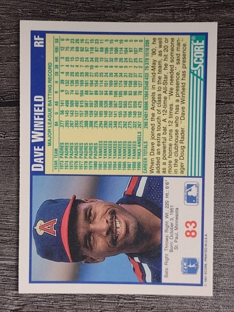 1991 Score #83 Dave Winfield