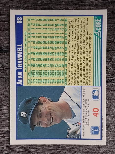 1991 Score #40 Alan Trammell