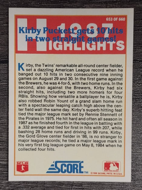 1988 Score #653 Kirby Puckett HL