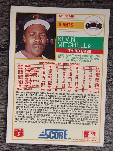 1988 Score #481 Kevin Mitchell
