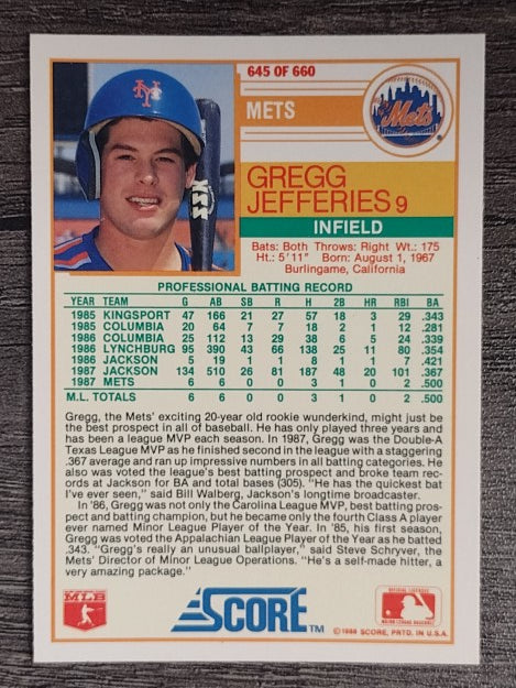 1988 Score #645 Gregg Jefferies RC
