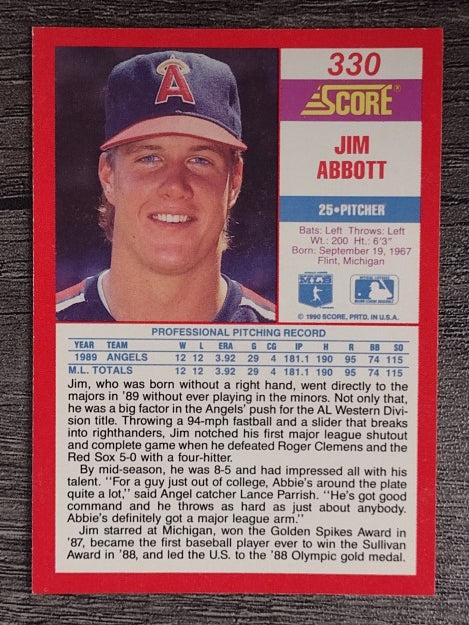 1990 Score #330 Jim Abbott