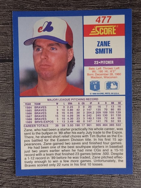 1990 Score #477B Zane Smith COR/career ERA 3.93
