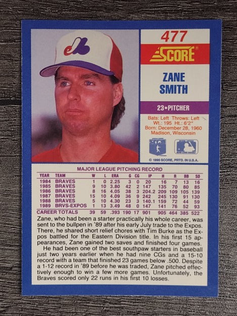 1990 Score #477A Zane Smith ERR/Career ERA .393