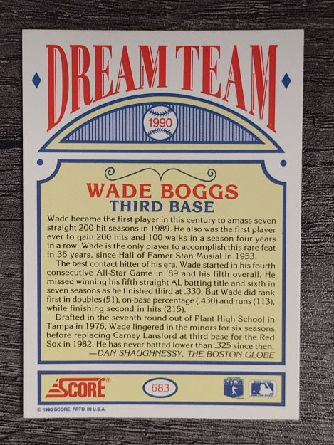 1990 Score #683A Wade Boggs DT ERR/Text says 215 hits in '89