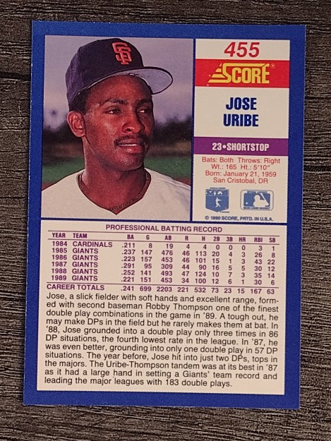 1990 Score #455 Jose Uribe
