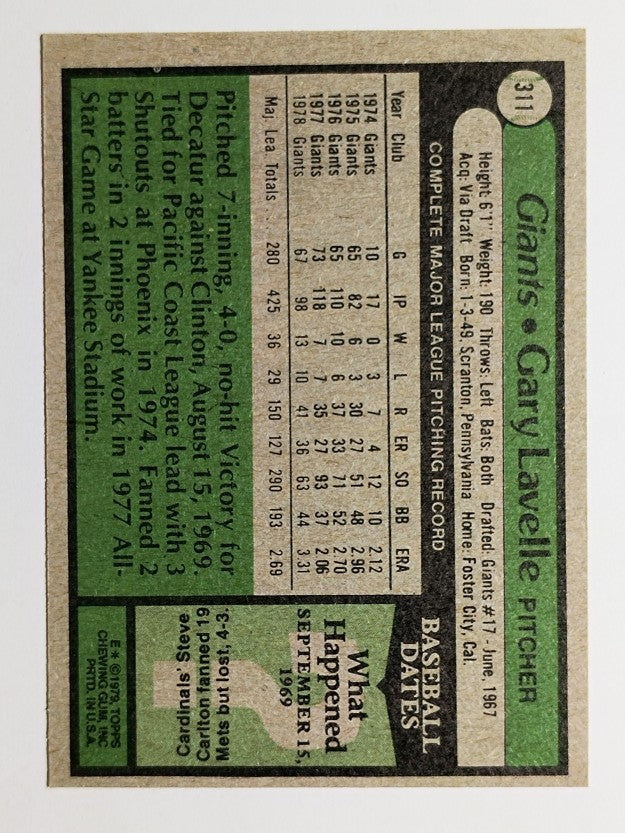 1979 Topps #311 Gary Lavelle (EX)