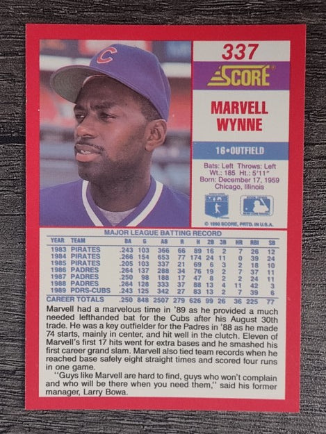 1990 Score #337 Marvell Wynne