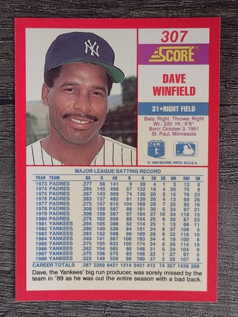 1990 Score #307 Dave Winfield