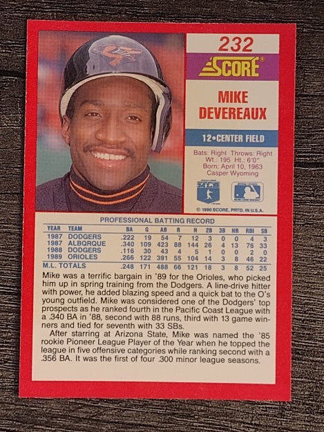 1990 Score #232A Mike Devereaux ERR/RF on front