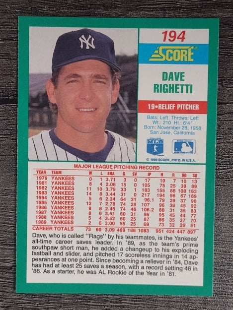 1990 Score #194 Dave Righetti