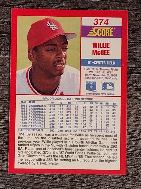 1990 Score #374 Willie McGee