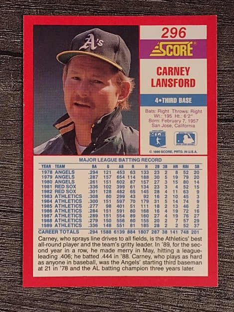 1990 Score #296 Carney Lansford
