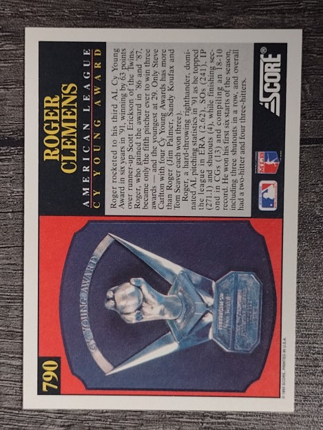 1992 Score #790 Roger Clemens CY